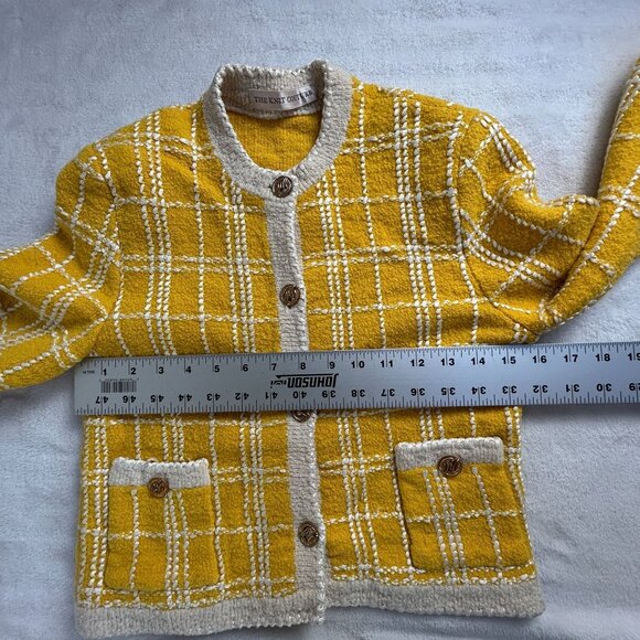 The Knit Couture Womens Yellow White Plaid Crop Cardigan Sweater Button-Front - Picture 8 of 10